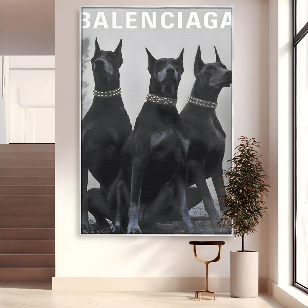 Tablou canvas cu tablou canvas cu trei dobermani, in rama de aluminiu argintiu